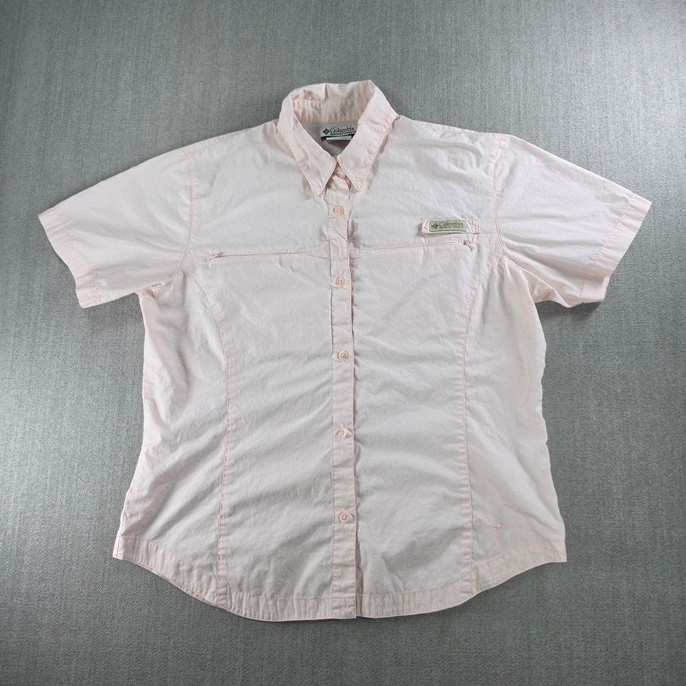 Columbia Shirt Womens L Pink Short Sleeve Flamingo Embroidered Button Up